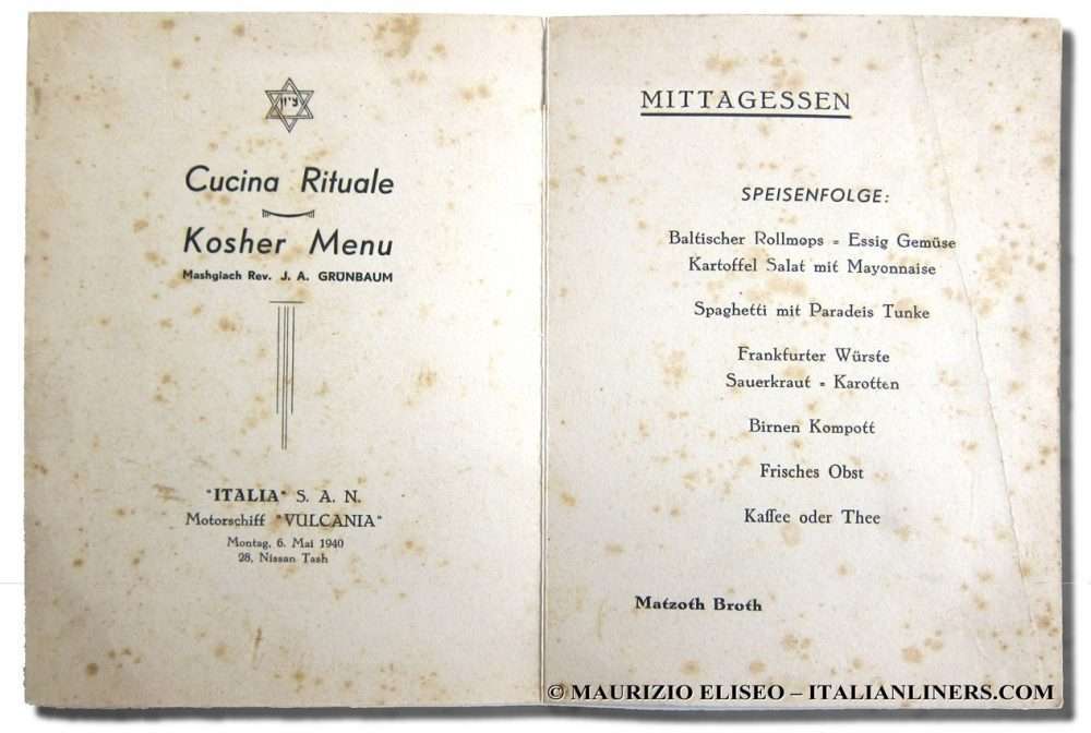 Menù Kosher del Lloyd Triestino nel 1940.
